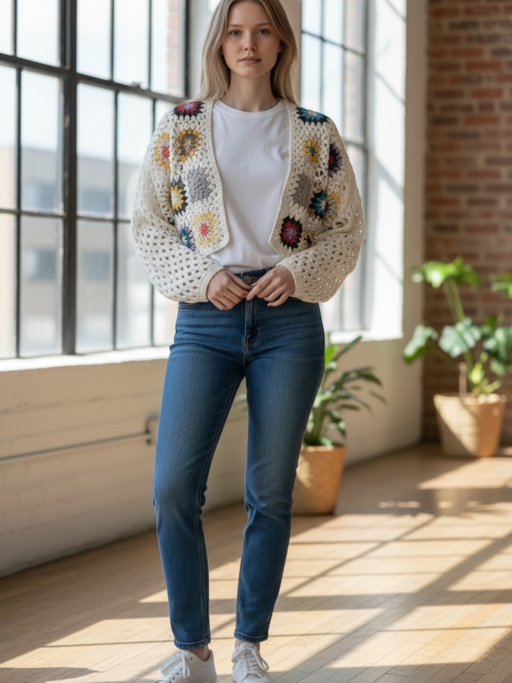 Open-Knit Cropped Crochet Cardigan in White with Multicolor Motifs